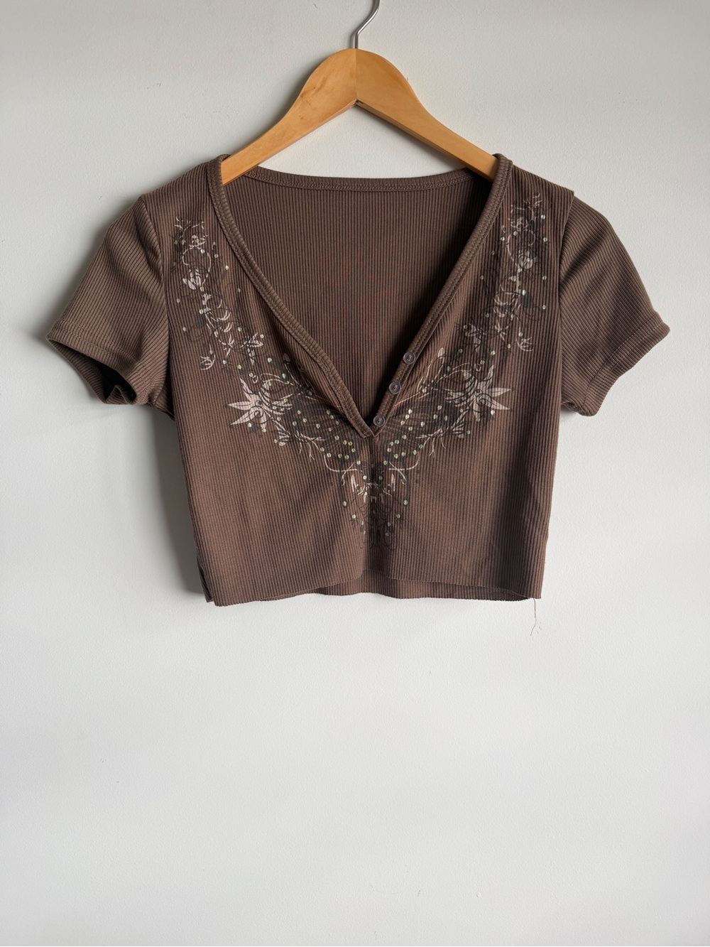 Brown Floral Ribbed V-Neck Crop Top